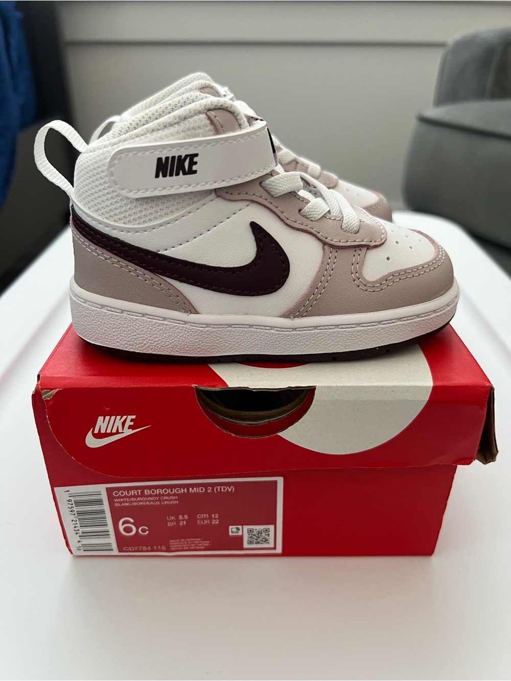 Nike Court Borough mid 2 White Burgundy Crush 6c Toddler